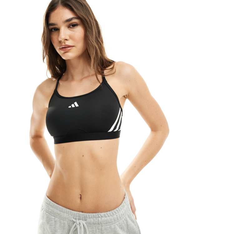 adidas Training Aeroreact 3 Stripes light support bra in black and white ASOS