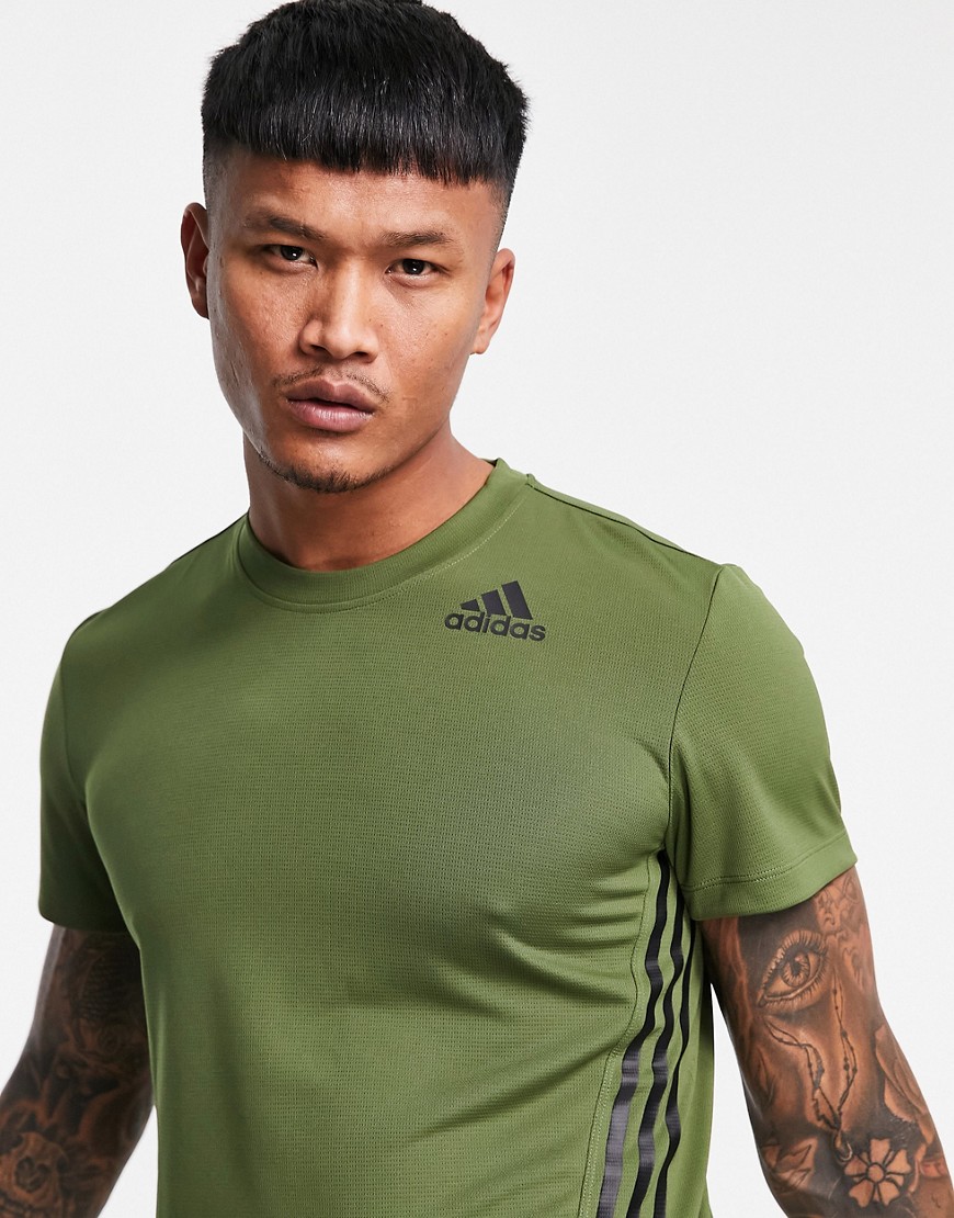 Adidas Training Aeroready 3 stripe tech t-shirt in khaki-Green