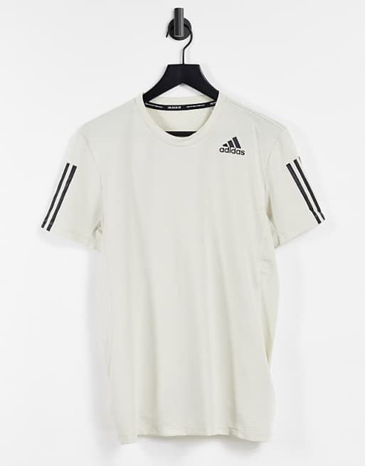 adidas Training Aeroready 3 stripe tech t-shirt in stone adidas Training Aeroready 3 stripe tech t-shirt in stone