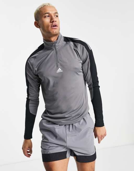 adidas – Training – Aeroready – Grå panelsydd sweatshirt med långa ärmar och kort dragkedja