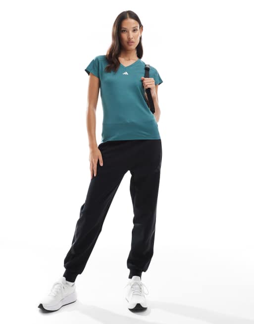 adidas Training Aeroready train essentials minimal branding v-neck tee in preloved teal / white , 3 of 4
