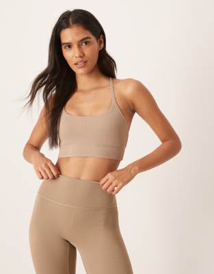 adidas Training All Me rib light support sports bra in chalky brown