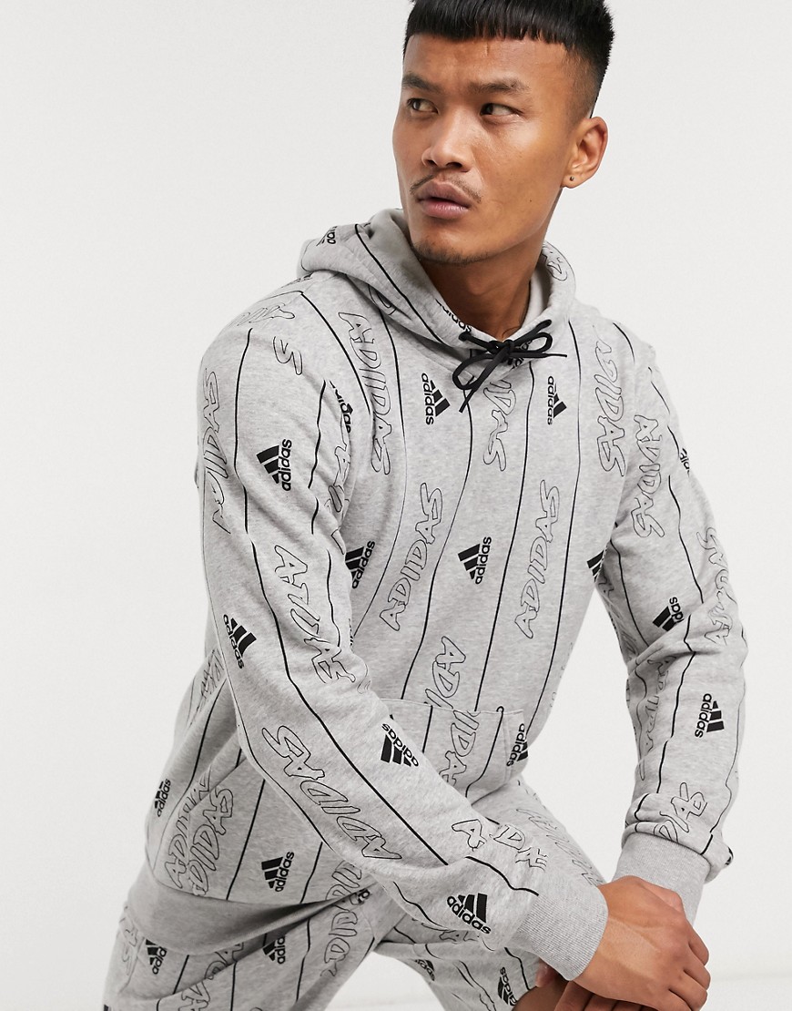 Adidas Performance Adidas training all over logo hoodie in gray