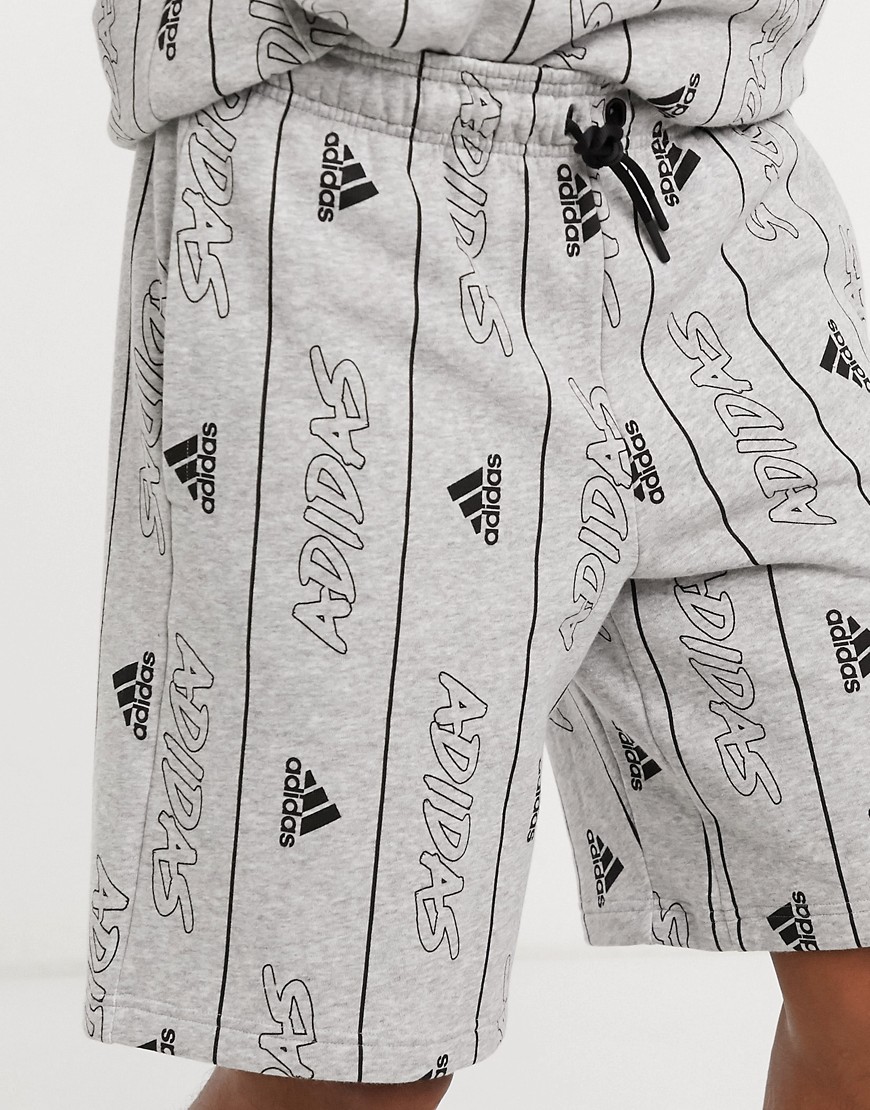 Adidas Training all over logo print shorts in gray-Green