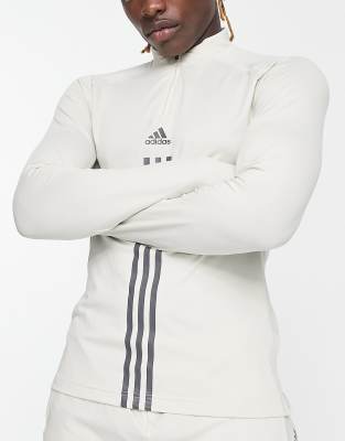 adidas Training Alpha Strength 3 stripe 1/4 zip sweat in stone | ASOS