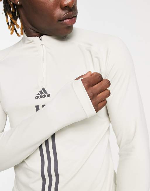 adidas Training Alpha Strength 3 stripe 1/4 zip sweat in stone | ASOS