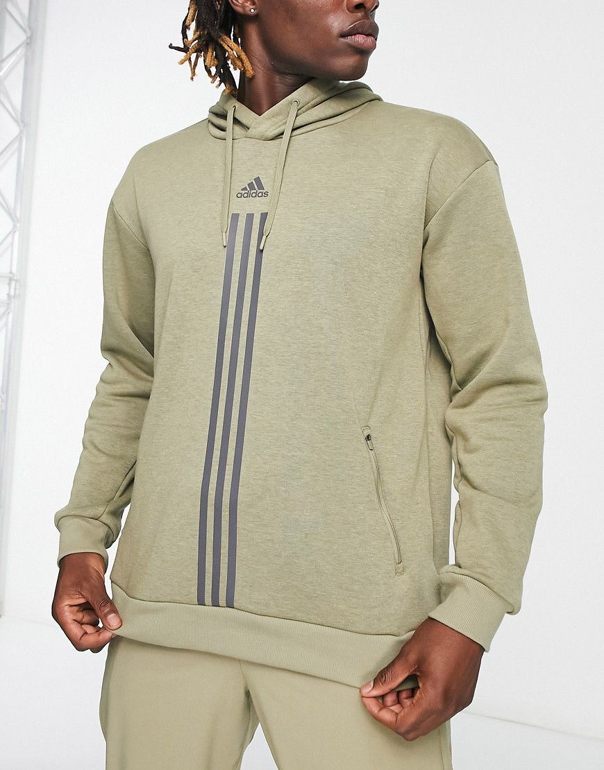 adidas Training Alpha Strength 3 stripe hoodie in khaki-Green