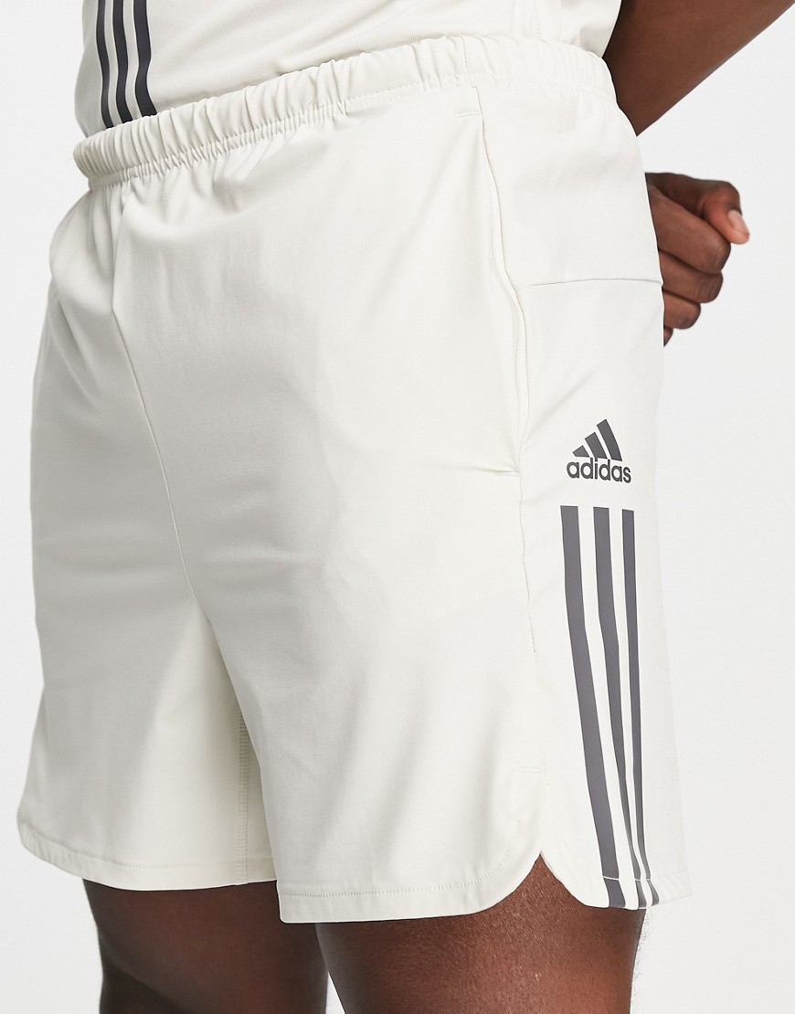 adidas Training Alpha Strength 3 stripe shorts in stone-White