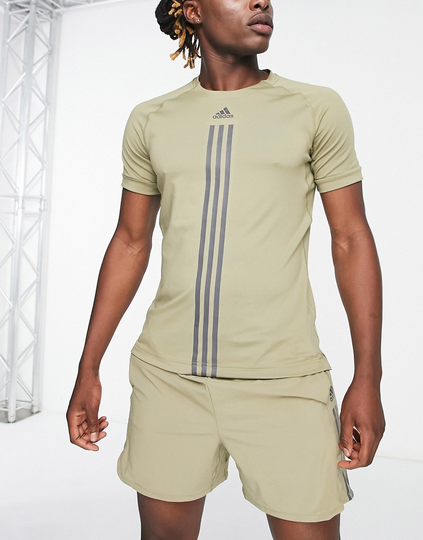 adidas Training Alpha Strength 3 stripe t-shirt in khaki-Green