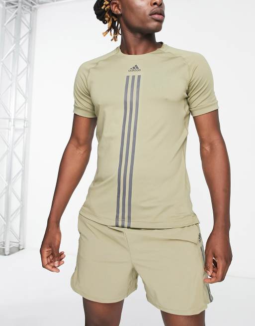 adidas Training Alpha Strength 3 stripe t-shirt in khaki | ASOS