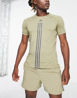 adidas Training Alpha Strength 3 stripe t-shirt in khaki