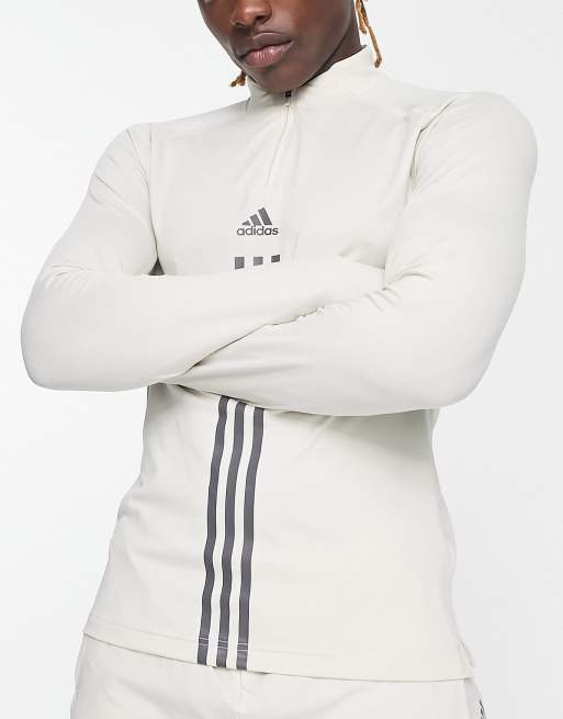 adidas - Training Alpha Strength - Felpa color pietra con zip corta e 3 strisce