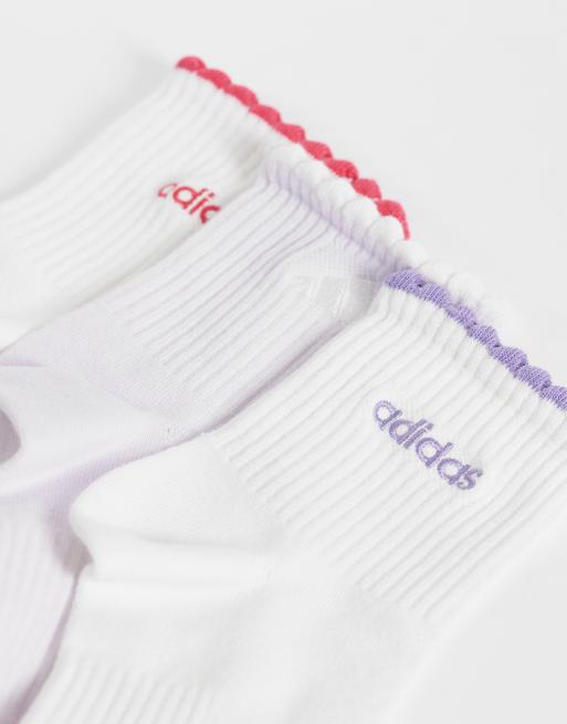adidas Training ankle socks with frill in white and purple 3 pack, 3 of 3