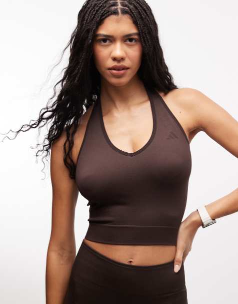 adidas – Training – Brun, stickad topp med halterneck - view 1