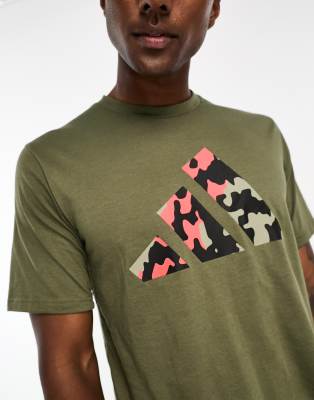 adidas Training camo 3 bar logo t-shirt in khaki