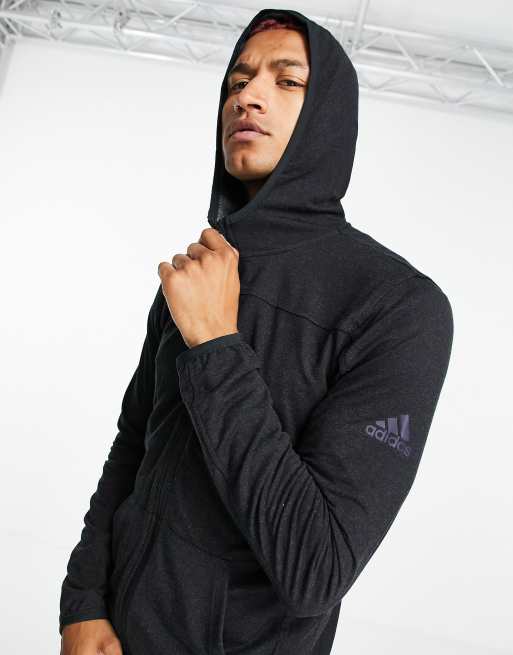 adidas Training City fleece hooded track jacket in black