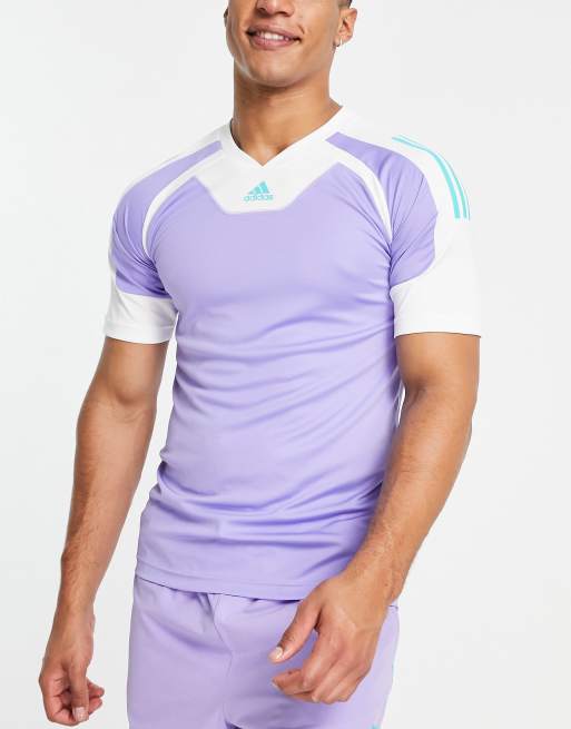 white and purple adidas shirt