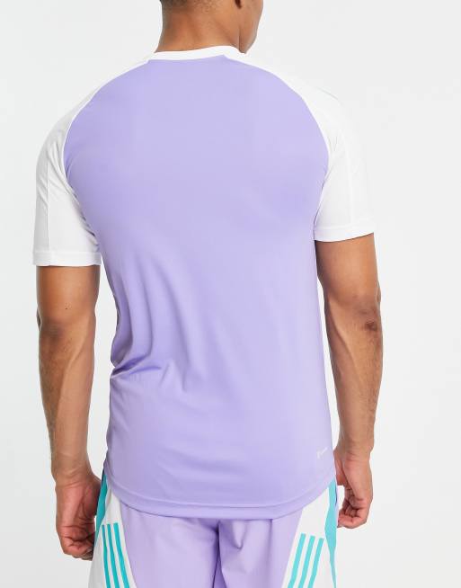 white and purple adidas shirt