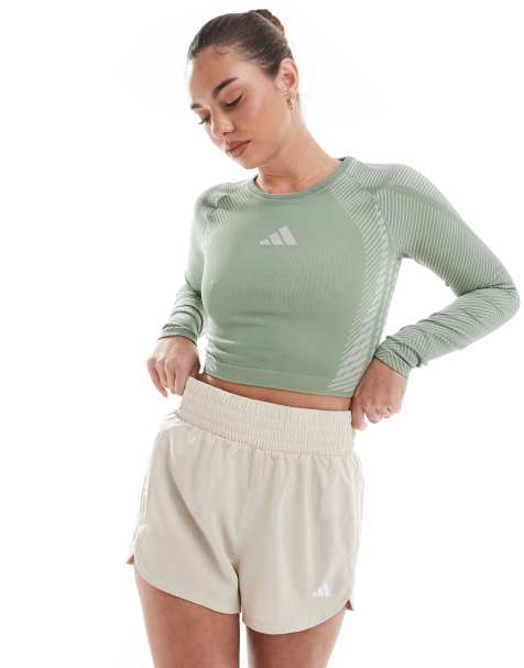 adidas Training - Crop top sans coutures à manches longues - Vert argenté - view 1