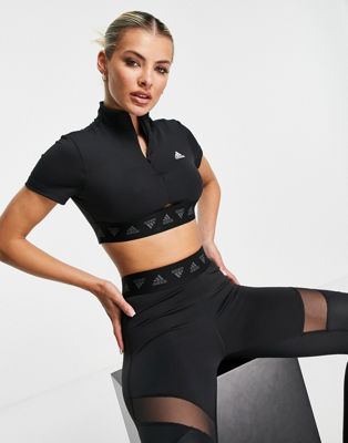 adidas Training crop zip t-shirt in black
