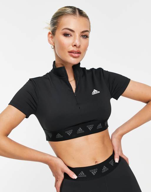 adidas Training crop zip t shirt in black ASOS