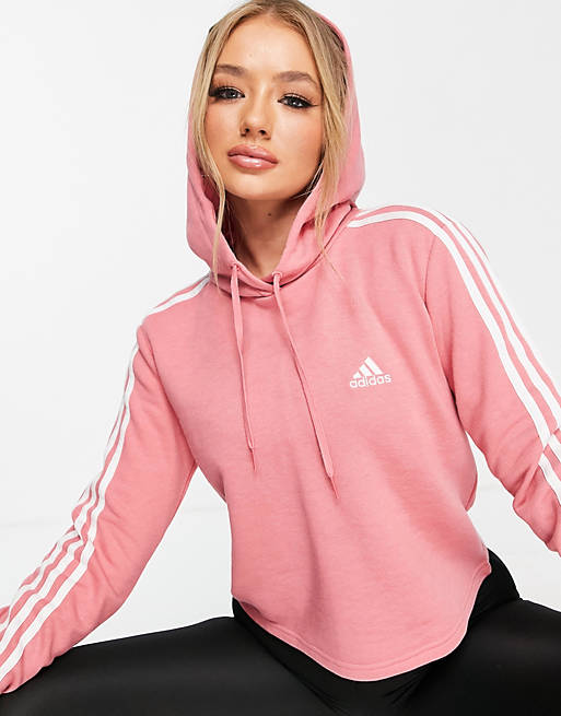 adidas Training cropped 3 stripe hoodie in rose pink