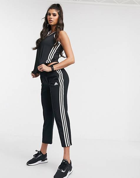 adidas Training cropped 3 stripe trousers in black