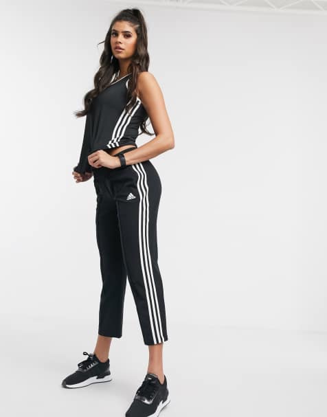 adidas Training cropped 3 stripe trousers in black