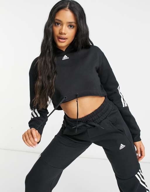 adidas Training - Sort sæt med cropped hættetrøje og oversized joggingbukser med 3 striber, 3 af 4