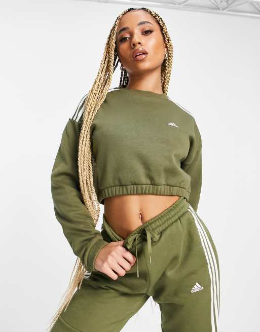 adidas Training Cropped sweatshirt met 3 Stripes in khaki ASOS