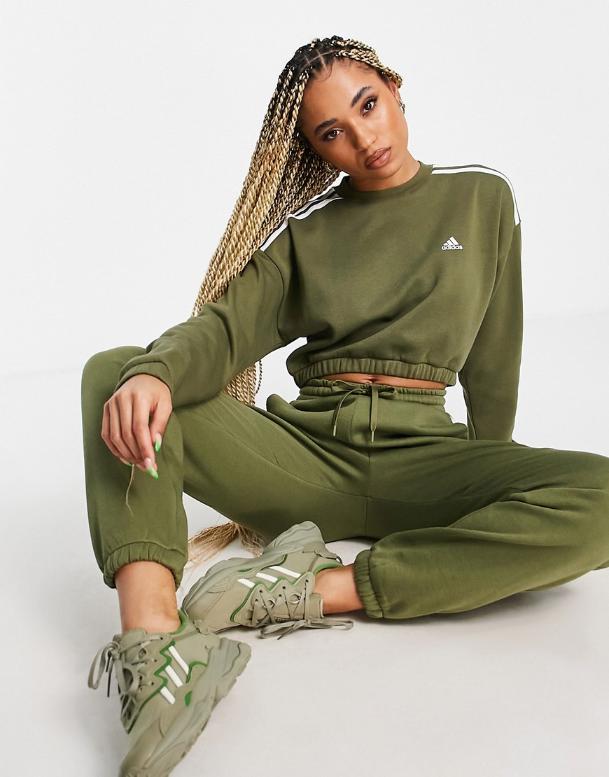 adidas Training cropped sweatshirt with three stripe in khaki-Green