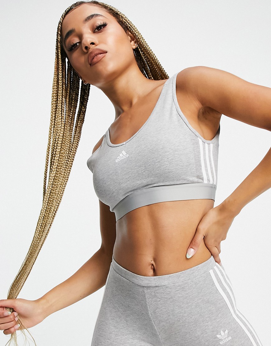 adidas Training cropped top with three stripes in grey