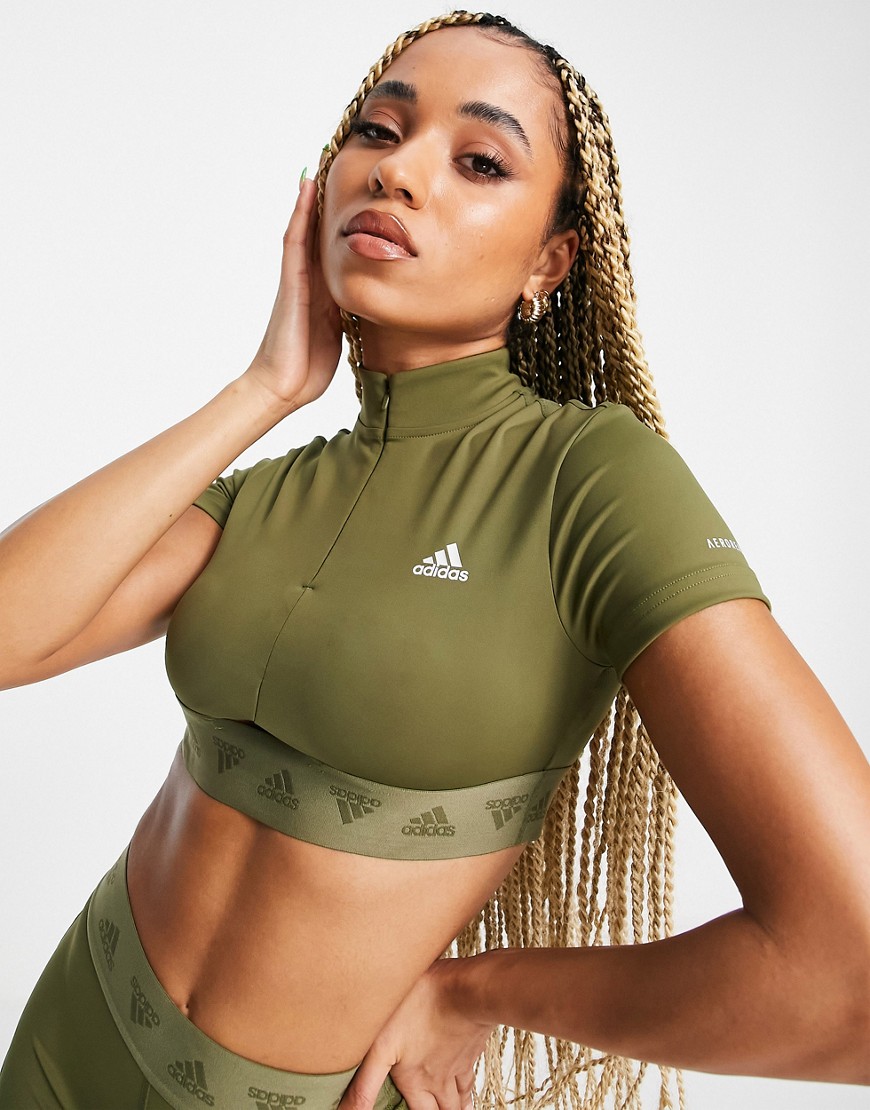 adidas Training cropped zip t-shirt in khaki-Green