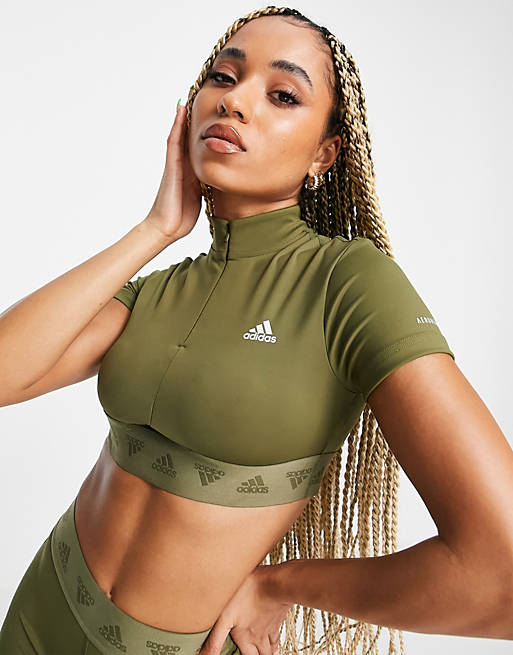 adidas Training cropped zip t-shirt in khaki