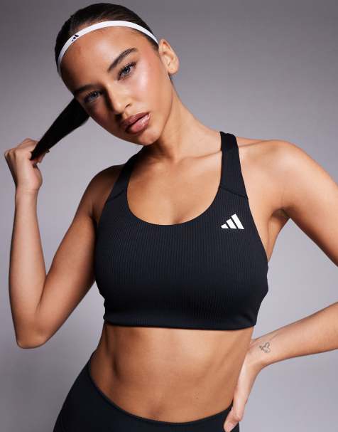 adidas Training medium support rib sports bra in black