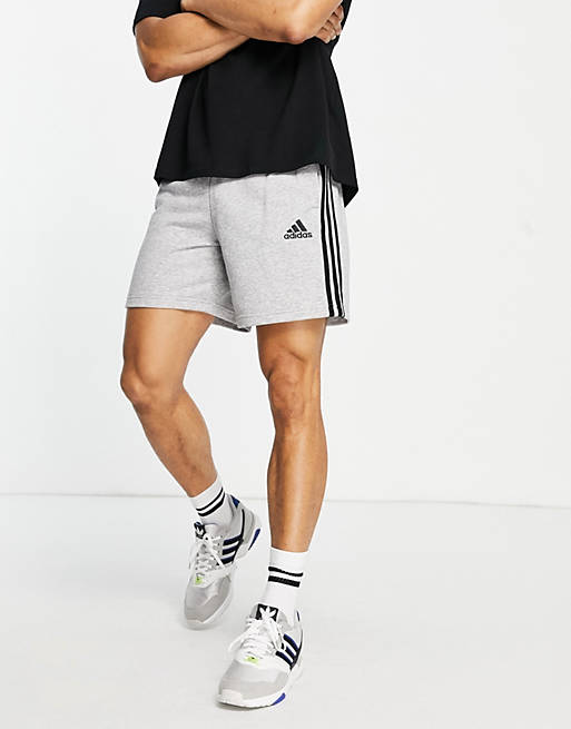  adidas Training Essential 3 stripe shorts in grey fleece 