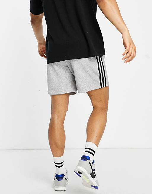 Men adidas Training Essential 3 stripe shorts in grey fleece 