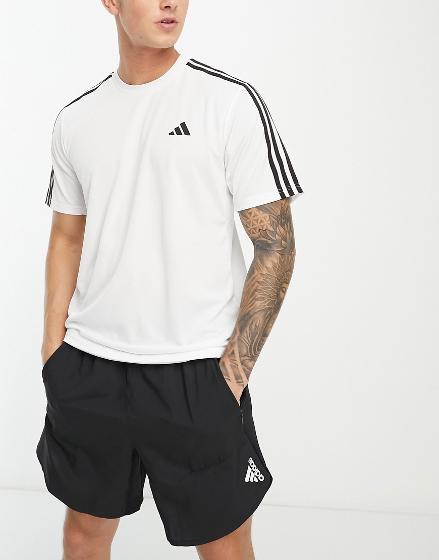 adidas Training Essential 3 stripe t-shirt in white