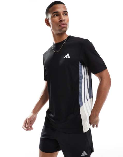 adidas Training Essentials 3 stripe t-shirt in black and grey block - view 1