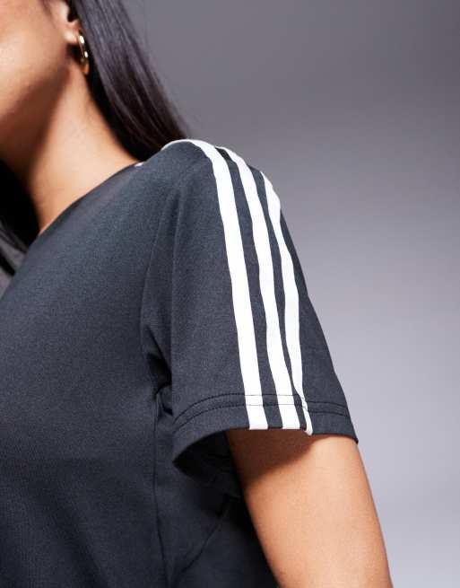 adidas Training Essentials 3 stripe t-shirt in black, 2 of 4