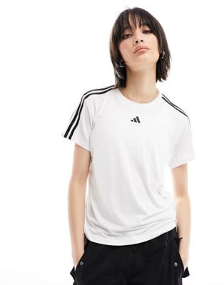 adidas Training Essentials 3 stripe t-shirt in white - ASOS Price Checker