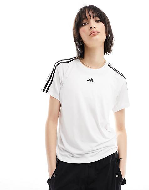 adidas Training Essentials 3 stripe t-shirt in white
