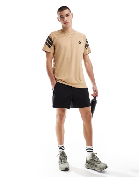 adidas Training Essentials Gym+ t-shirt with 3 stripe detail in stone - view 1