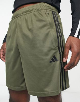 adidas Training Train Essentials 3 stripe shorts in khaki - ASOS Price Checker