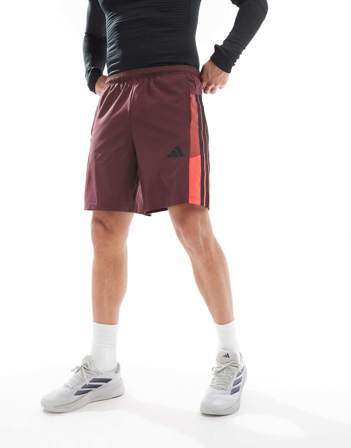 adidas Training Essentials shorts with 3 stripe in burgundy