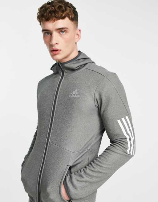 adidas - Training - Felpa con cappuccio con cerniera lampo e tre strisce, colore grigio