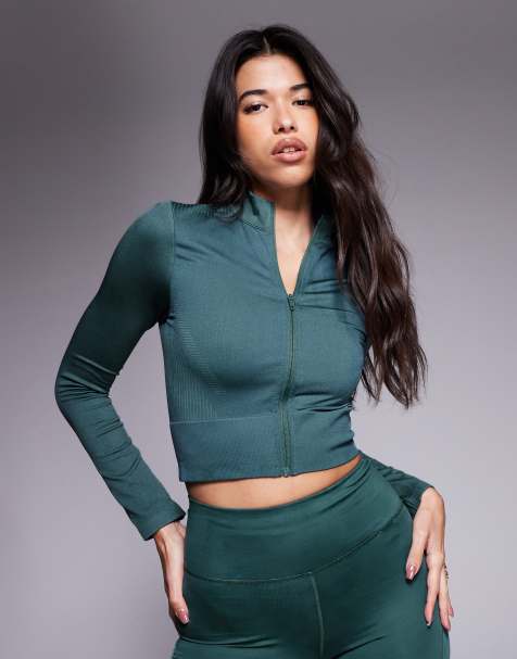 adidas - Training - Gebreid cropped jack met ritssluiting in blauwgroen - view 1