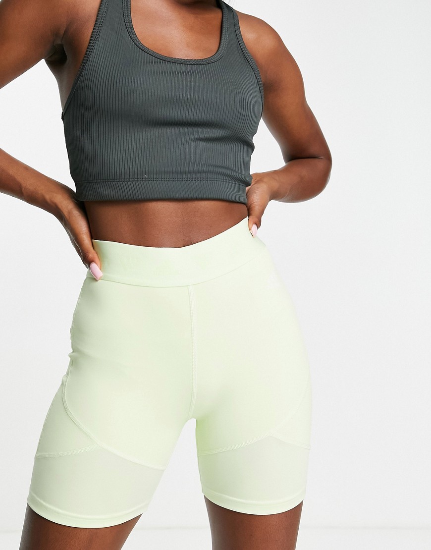 adidas Training Glam Babe high-shine detail legging shorts in lime green