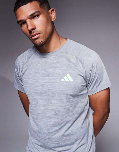 adidas Training Gym+ 3 stripe t-shirt in grey and green pop - view 1