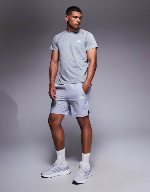 adidas Training Gym+ 3 stripe t-shirt in grey and green pop